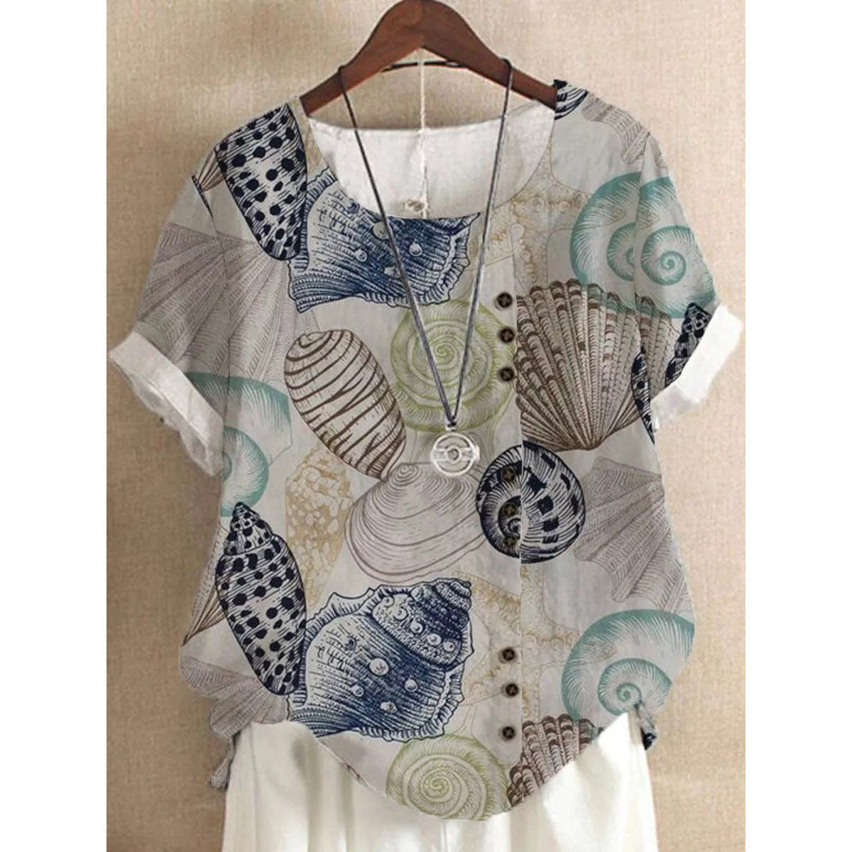 Summer New Printed Floral Button Short Sleeve