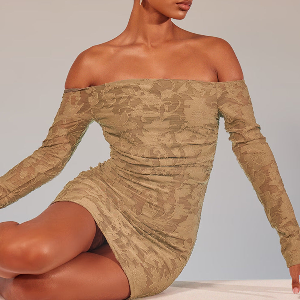 Women's Autumn High Elastic 3D Flower Cutout Backless Off-shoulder Long Sleeve Dress