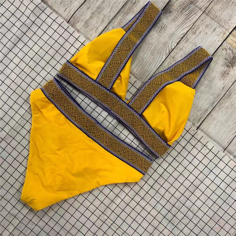 Fast Selling Sexy Triangle Color Matching High Waisted Sports Swimsuit European And American New Holiday Backless Bikini