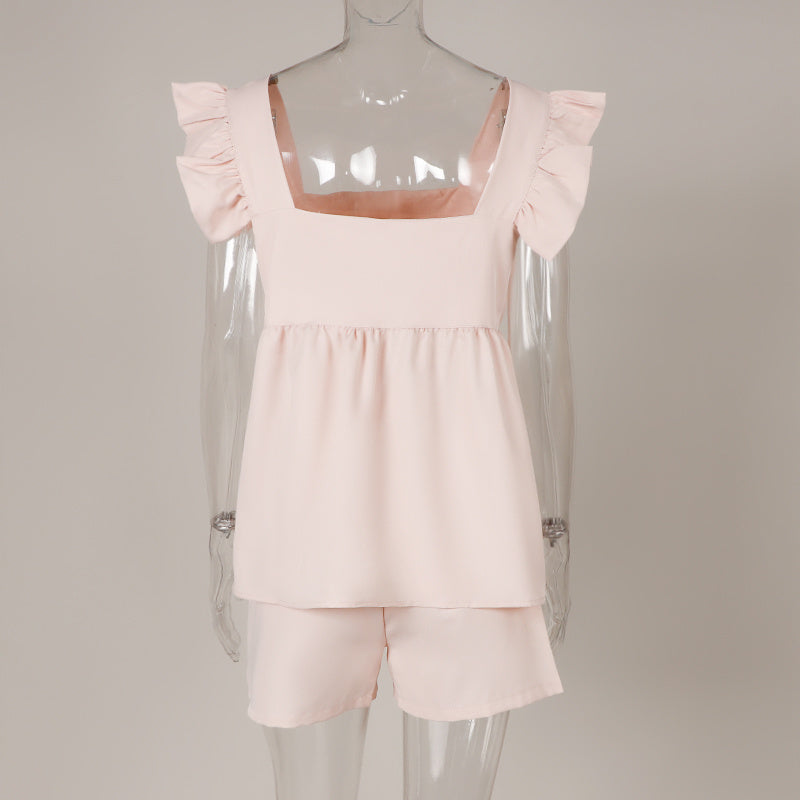 Butterfly Sleeve Square Neck Women's Suit Pink Solid Color Ruffle