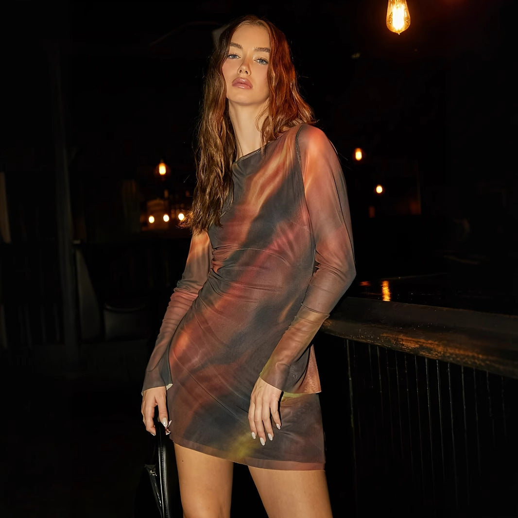 Women's Summer Waist Trimming Printing Silk Net Short Backless Dress