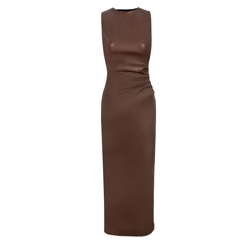 Fashion Round Neck Hip-wrapped Leather Dress