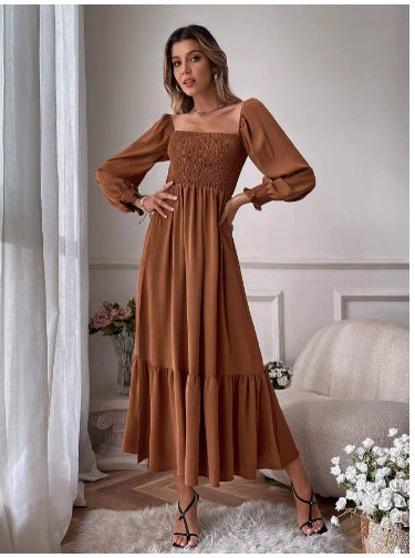 Pullover Square Collar Long Sleeve Ruffled High Waist Tight Temperament Dress