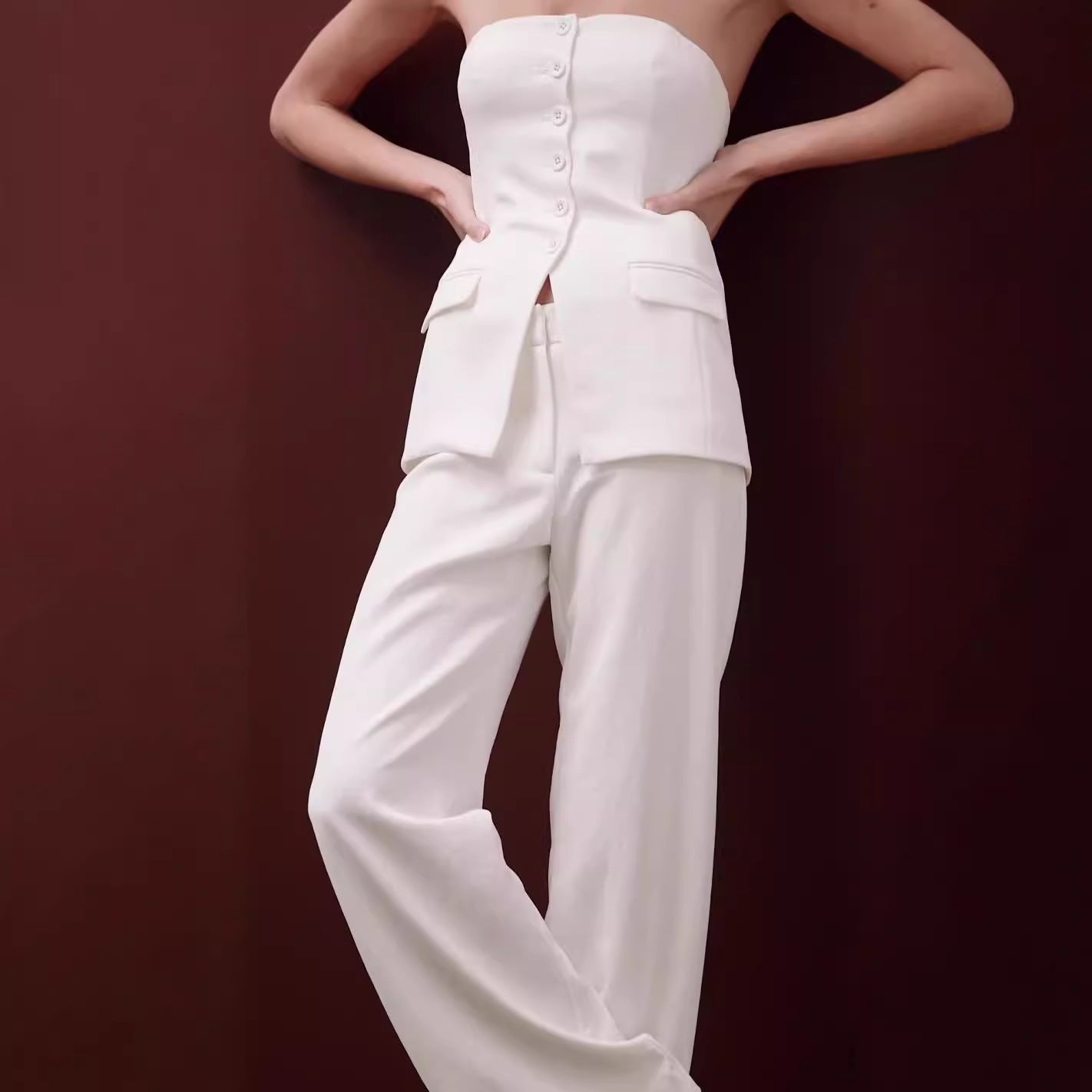 Graceful Tube Top Suit Fashion Button Sleeveless Top And Straight Pants Women's Trousers Set