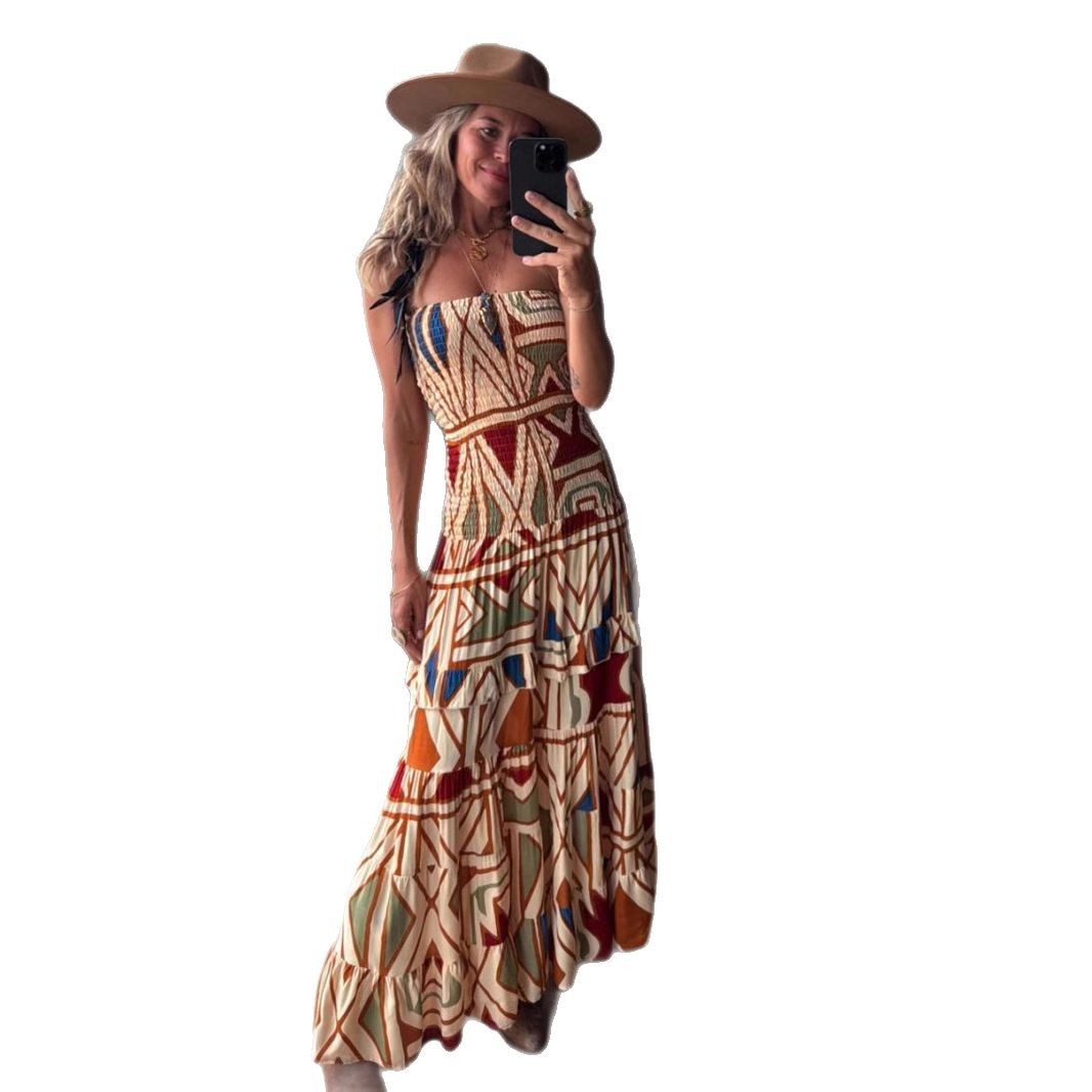 Women's Retro High Waist Printing Slip Dress