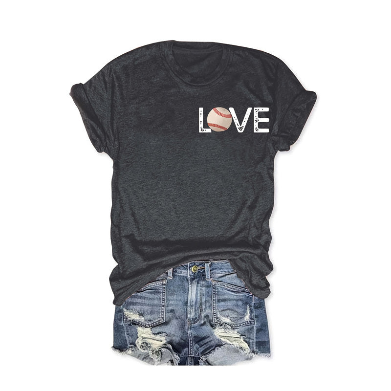Women's Baseball Print Round Neck Tee - Front & Back Graphic Summer Casual T-Shirt