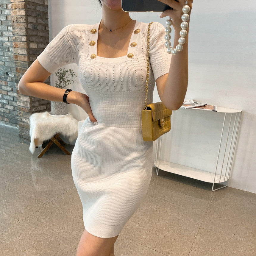Spring And Summer New Temperament Metal Buckle Women's Slim Stretch Knit Dress