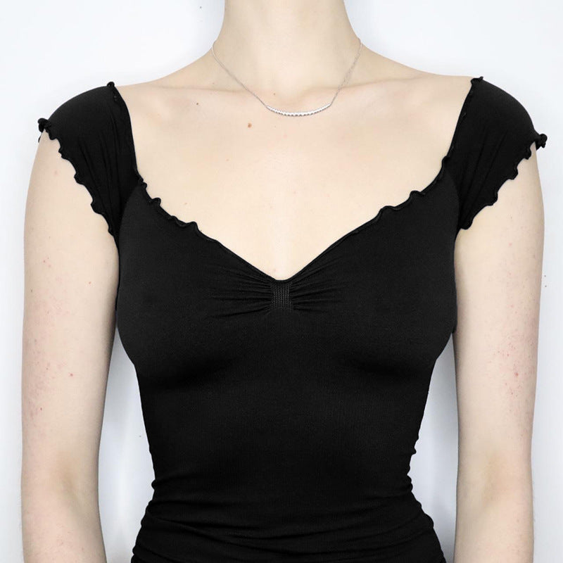 Lace Chest-shaped Waist-tight Exposed Back Short-sleeved Slimming Top