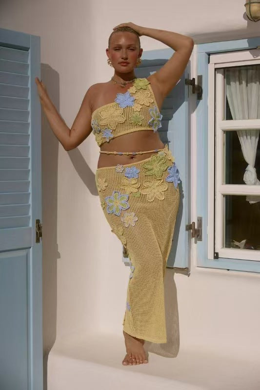 Three-dimensional Flower Lace-up Beads Off-shoulder Design Decoration See-through Suit