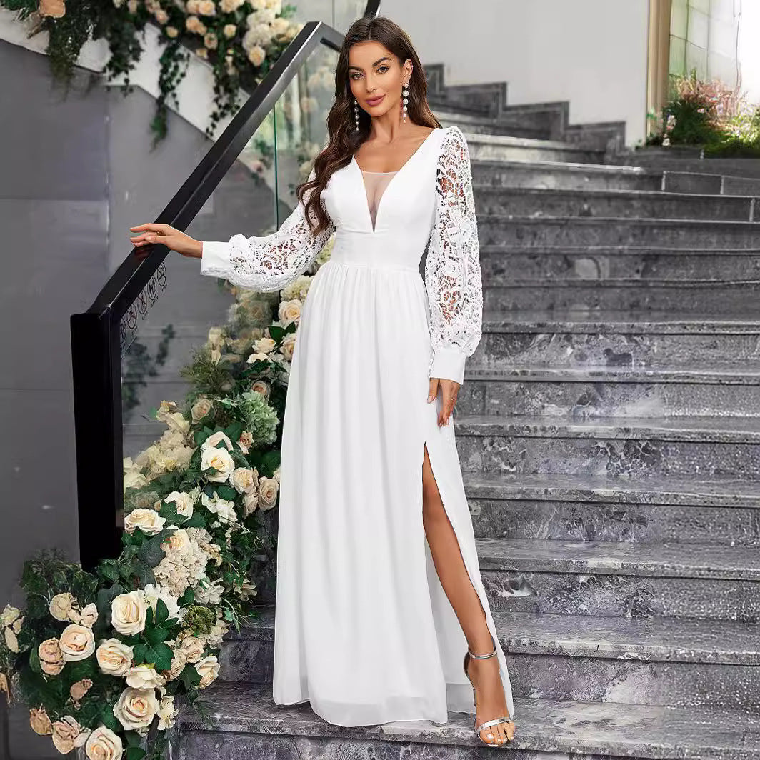 New Solid Color Elegant V-neck Slim Fit Slit Long Sleeve Dress