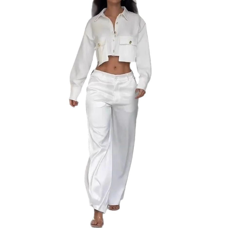 Midriff Outfit Long Sleeve Top Wide Leg Trousers