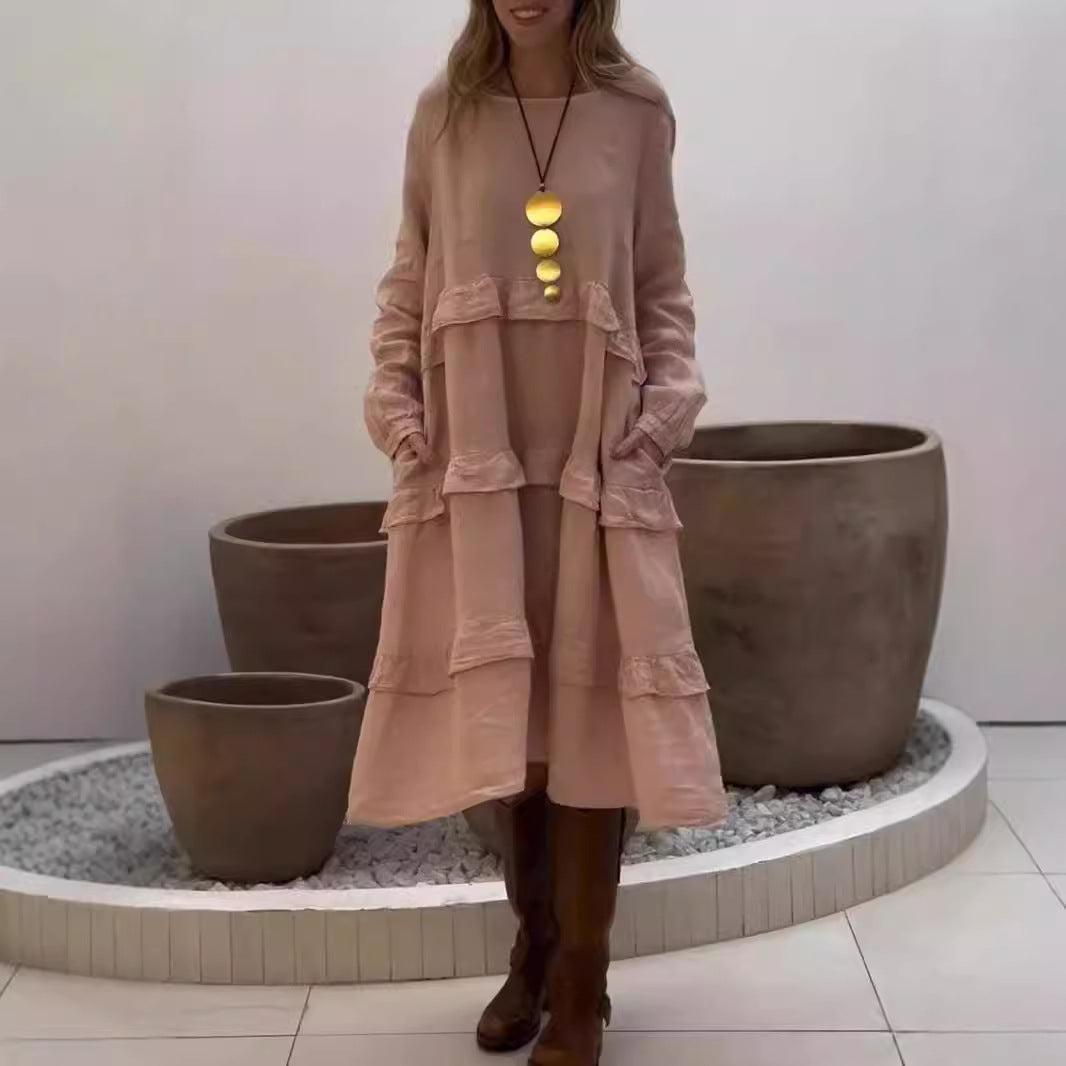 Women's Long Sleeve Patchwork Round Neck Ruffles Dress