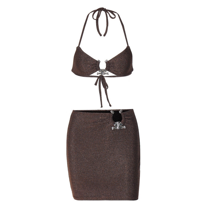 Summer New Night Club Style Sexy Lace-up Chest-wrapped Hip Skirt Two-piece Suit