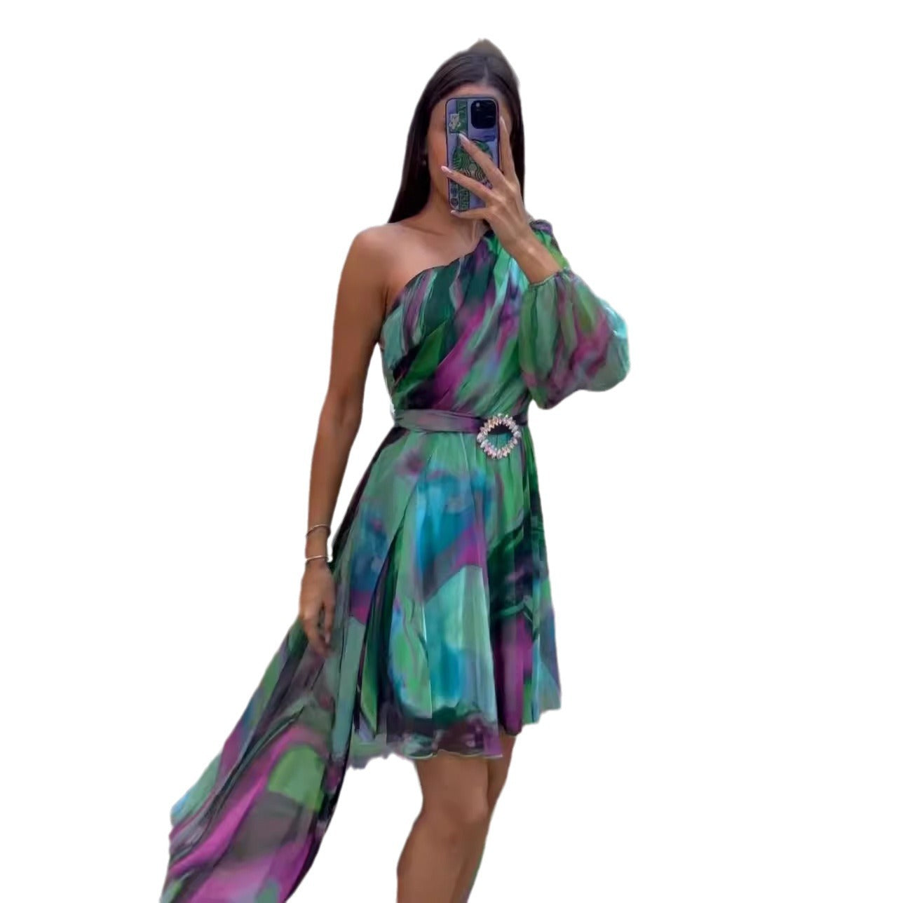 Women's Fashion Personalized Printing Sloping Shoulder Dress