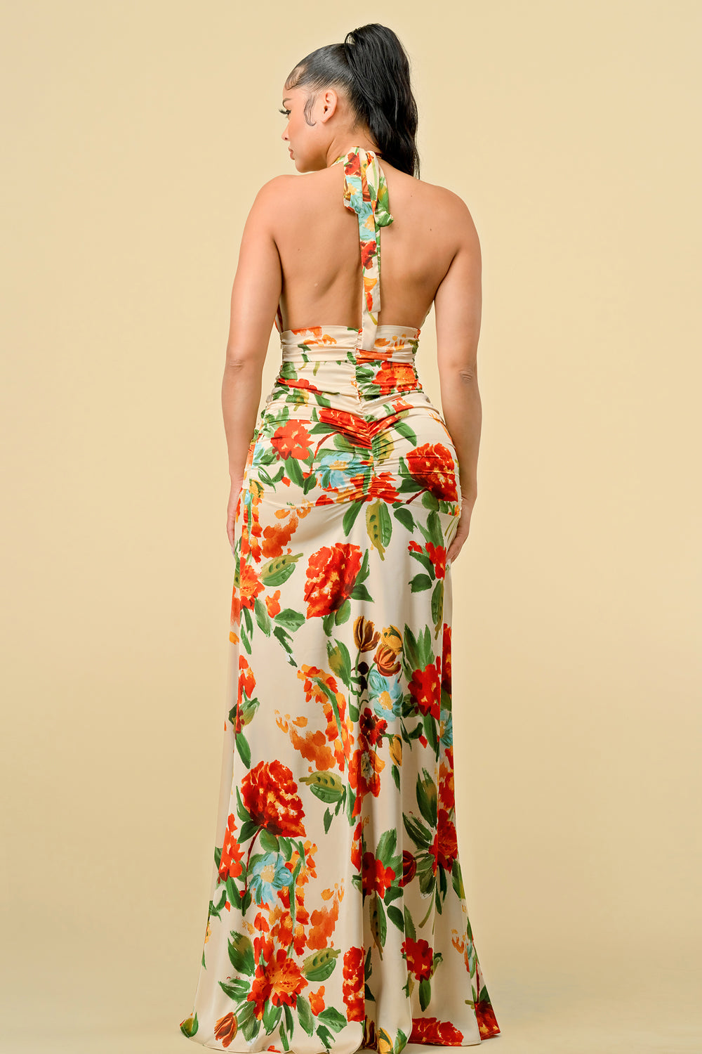Long Halter Neck Printed Ruched Maxi Dress