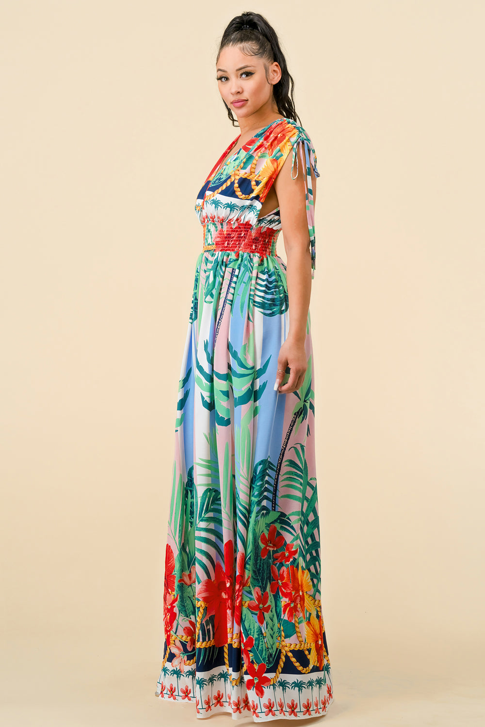 Long Cap Sleeve Tropical Print Maxi Dress