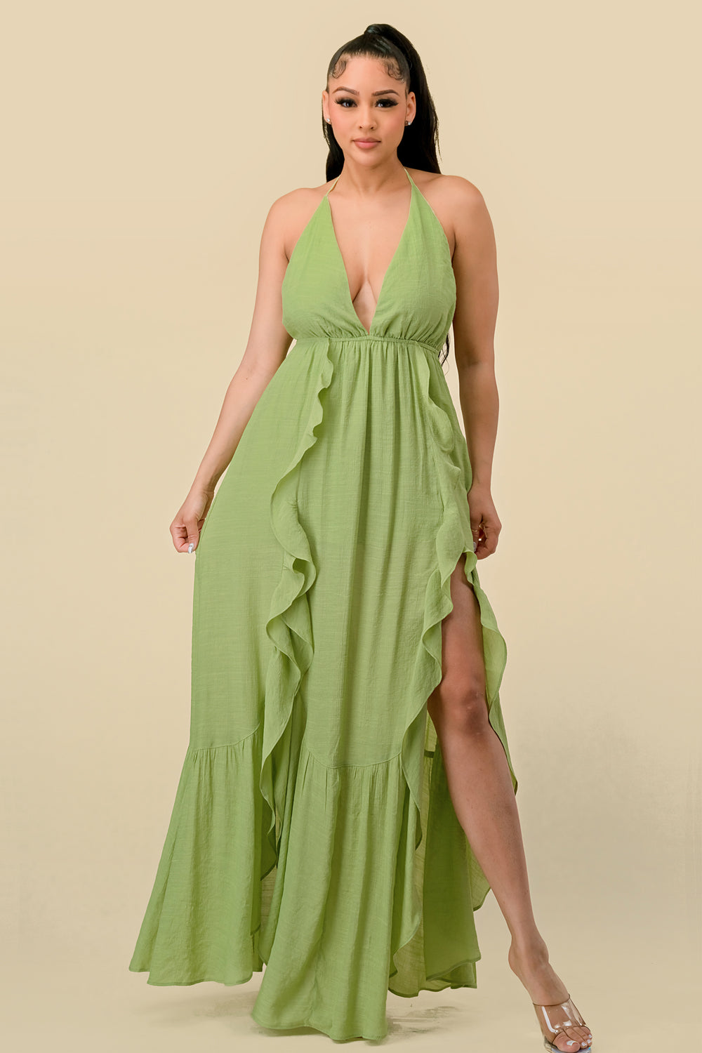 Long Halter Ruffled Slit Maxi Dress