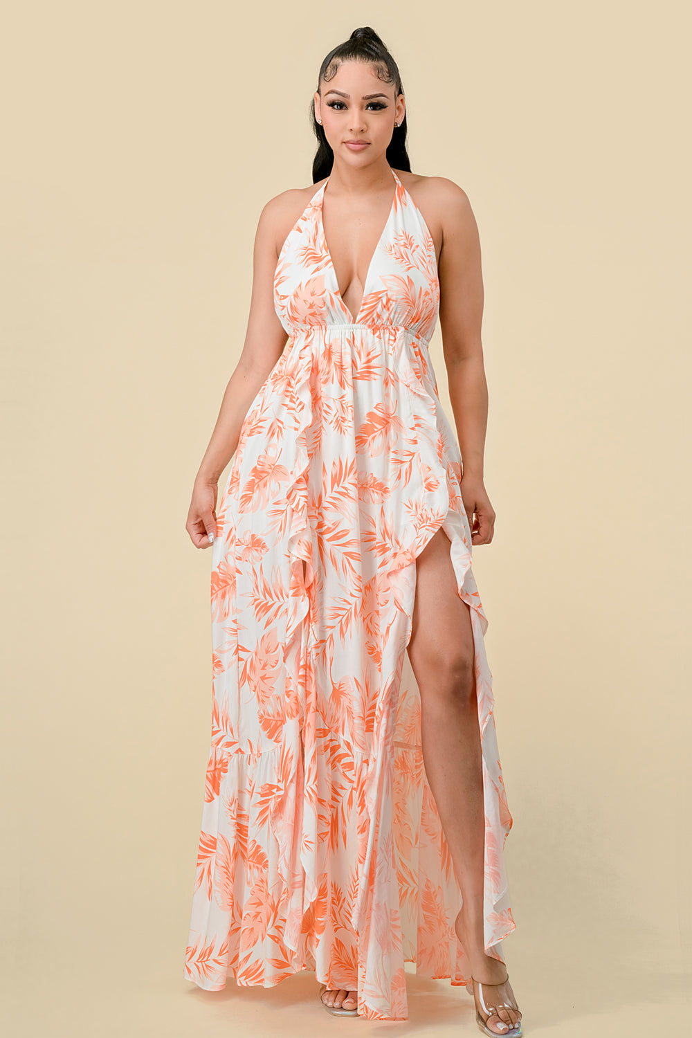 Long Halter Ruffled Slit Maxi Dress