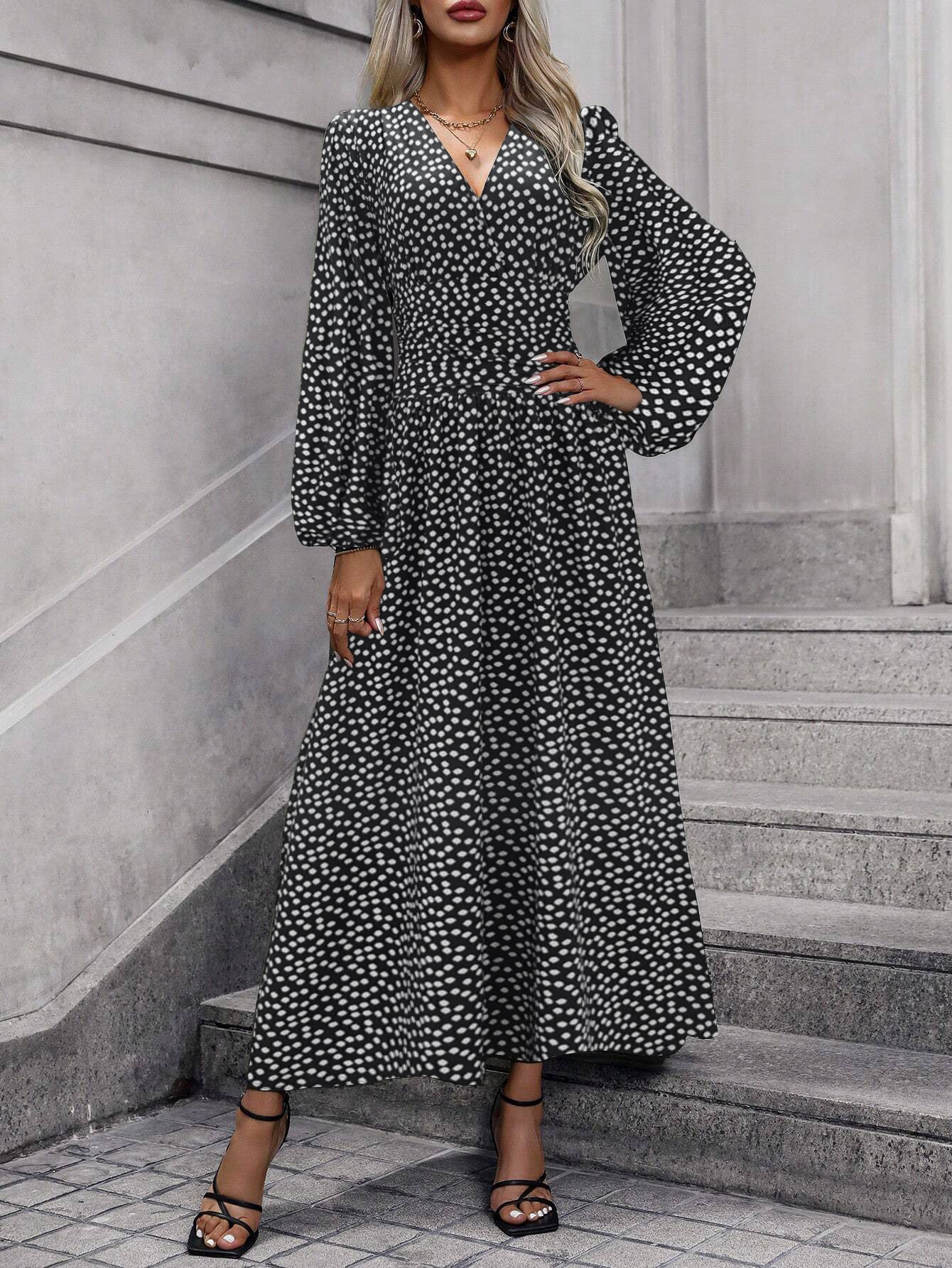 Lantern Sleeve Smocking High Slit Dress