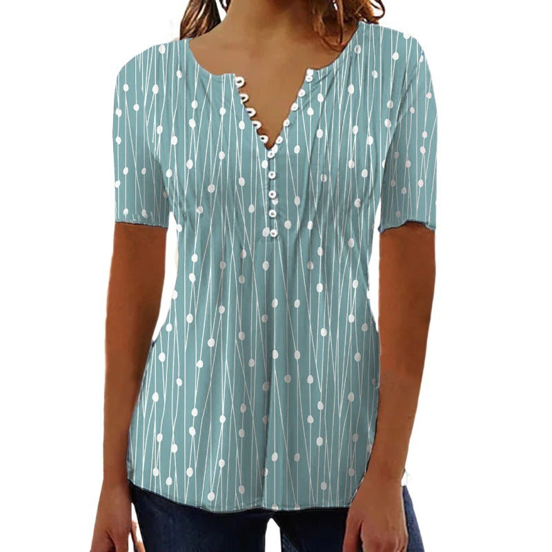 European And American Spring And Summer V-collar Polka Dot Short Sleeve