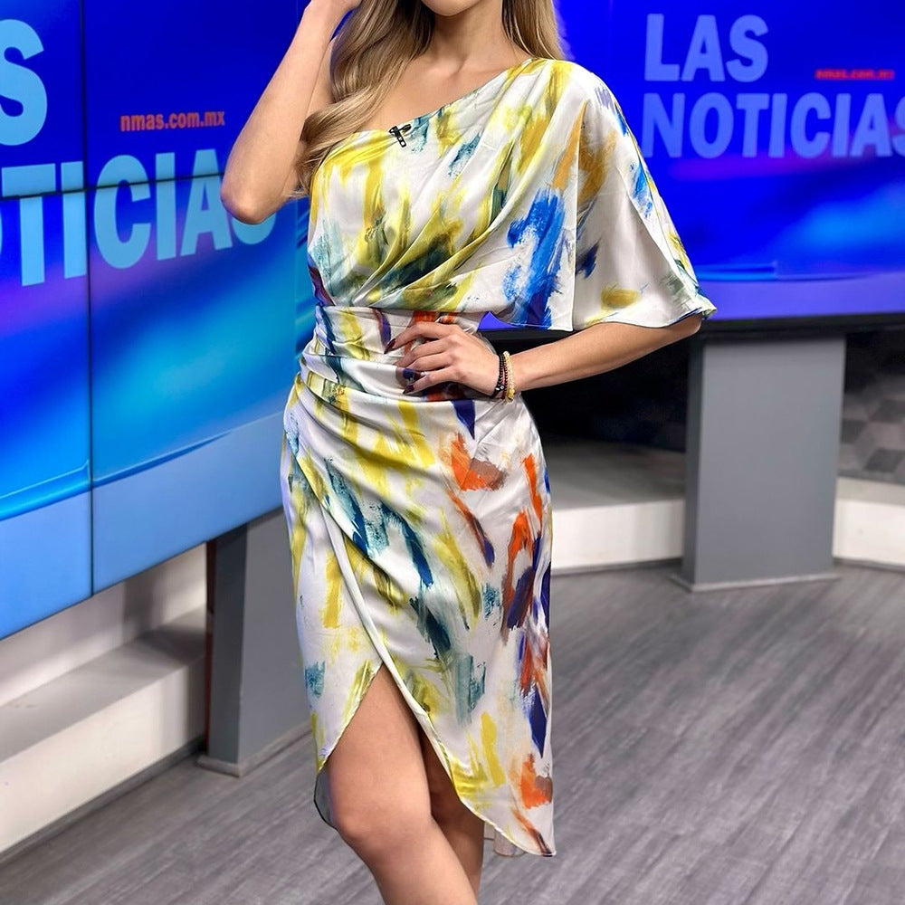 Printed Diagonal Shoulder Bohemian Casual Dress