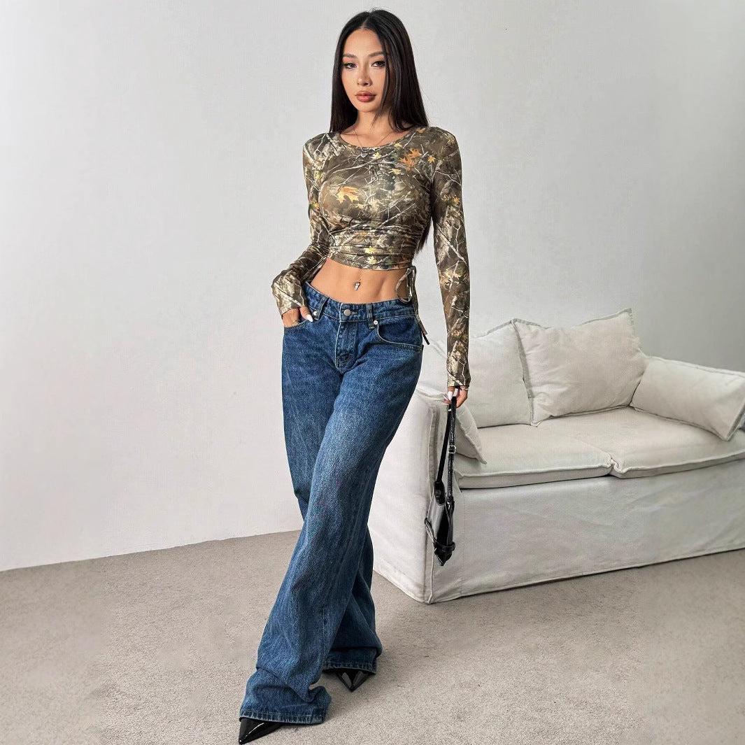 Mesh Branch Printing Side Drawstring Fitted Short T-shirt