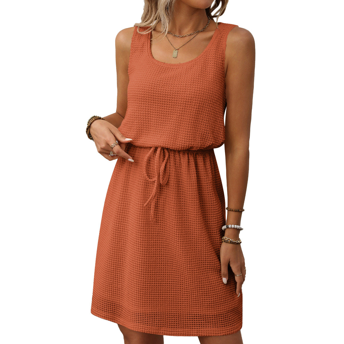 Square Collar Drawstring Sleeveless Vest Dress With Lining