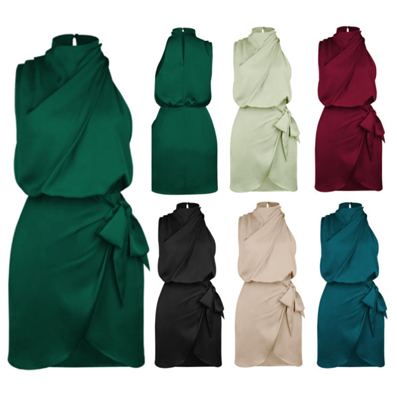 Elegant Halter Neck Dress Fashion Sleeveless Waist-tied Short Dresses For Evening Party Clothing Women