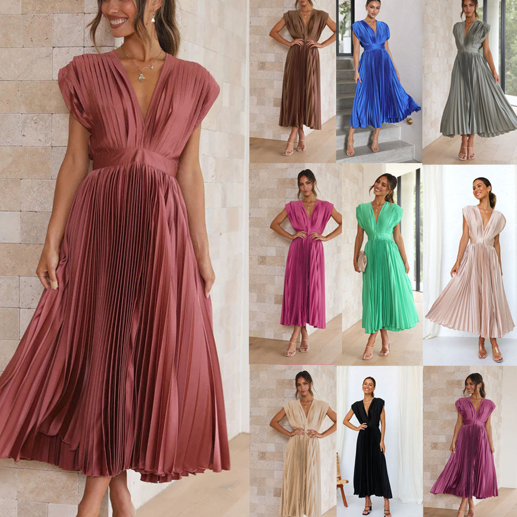 Summer V-neck Pleated Dress INS Fashion Casual Loose Zip Sleeveless Dresses For Women Clothing