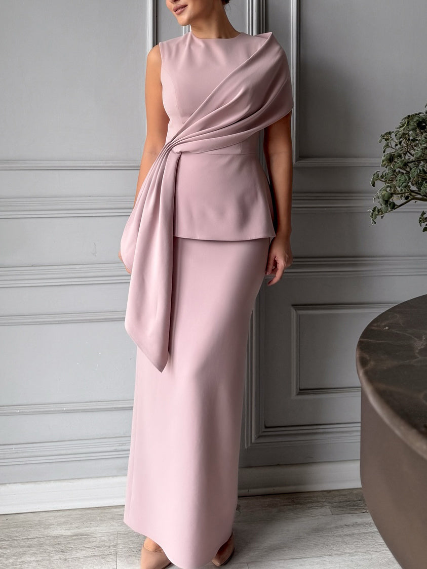 Solid Color Sleeveless Round Neck Top & Hip-Wrap Skirt Set