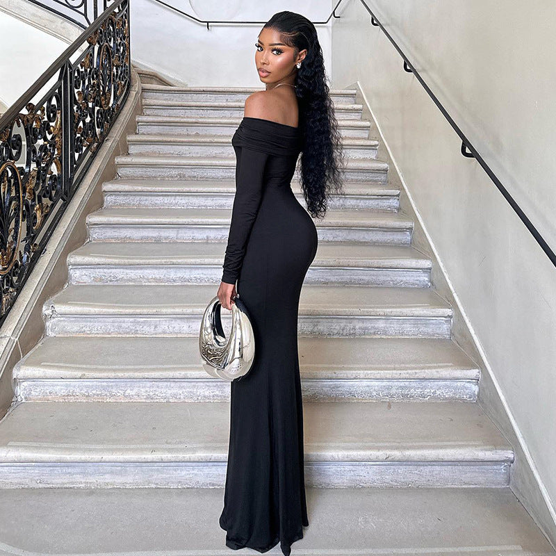 Black Off-shoulder Slim Fit Sheath Fishtail Dress