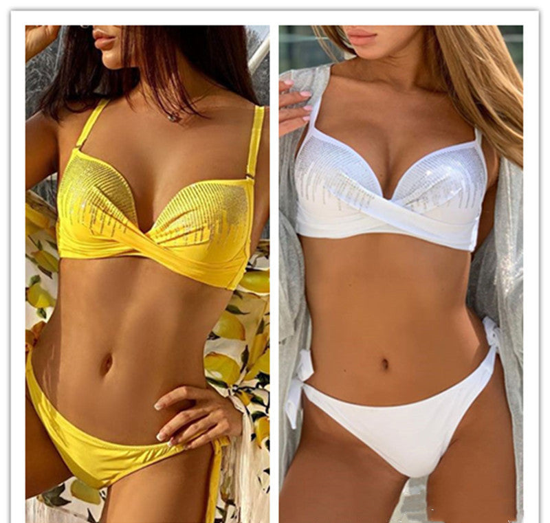 Spot Amazon Pure Color Hot Rhinestone Triangle Bag Swimming Tide Swimsuit New Split Bikini Sexy