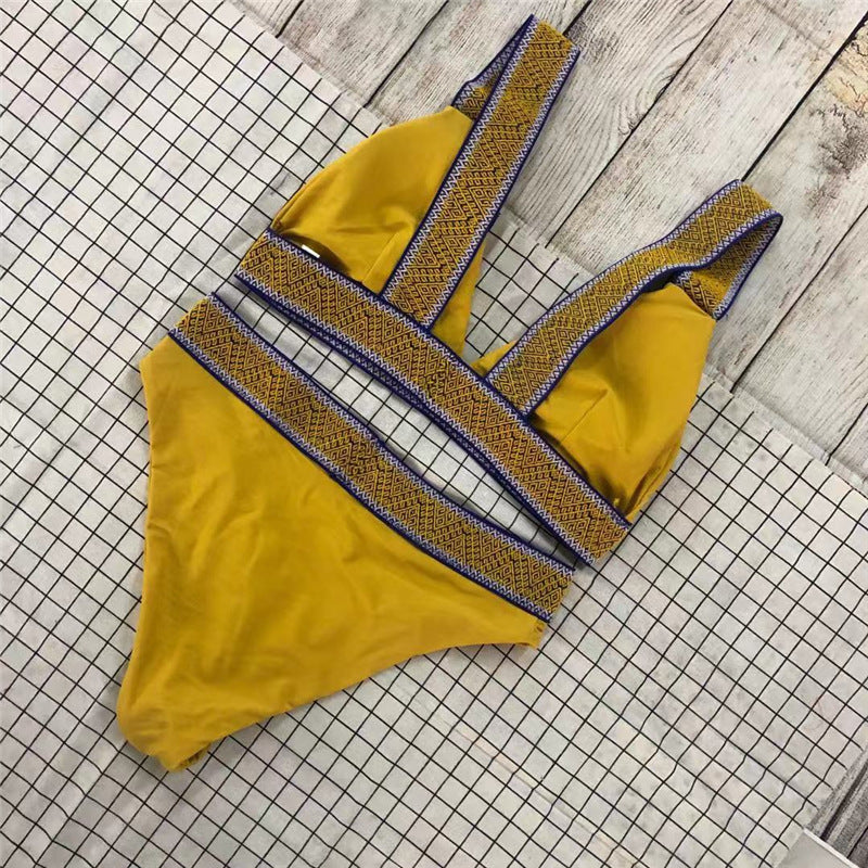 Fast Selling Sexy Triangle Color Matching High Waisted Sports Swimsuit European And American New Holiday Backless Bikini