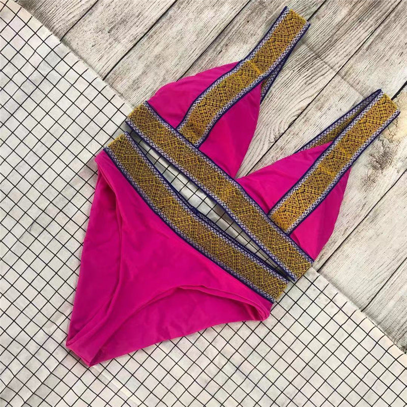 Fast Selling Sexy Triangle Color Matching High Waisted Sports Swimsuit European And American New Holiday Backless Bikini