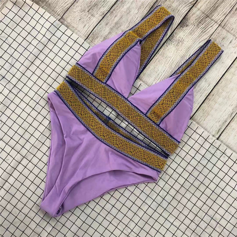 Fast Selling Sexy Triangle Color Matching High Waisted Sports Swimsuit European And American New Holiday Backless Bikini