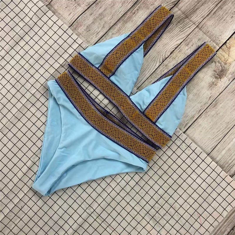 Fast Selling Sexy Triangle Color Matching High Waisted Sports Swimsuit European And American New Holiday Backless Bikini