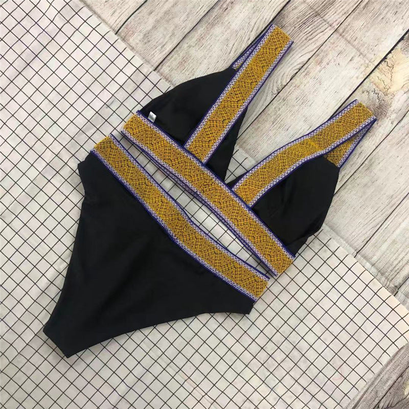 Fast Selling Sexy Triangle Color Matching High Waisted Sports Swimsuit European And American New Holiday Backless Bikini