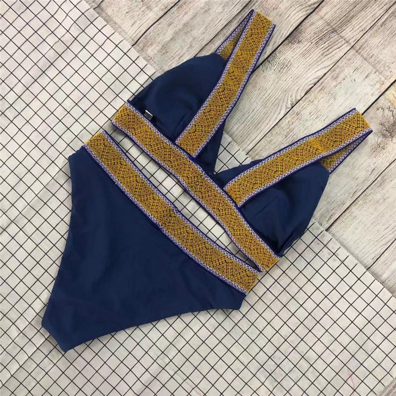 Fast Selling Sexy Triangle Color Matching High Waisted Sports Swimsuit European And American New Holiday Backless Bikini