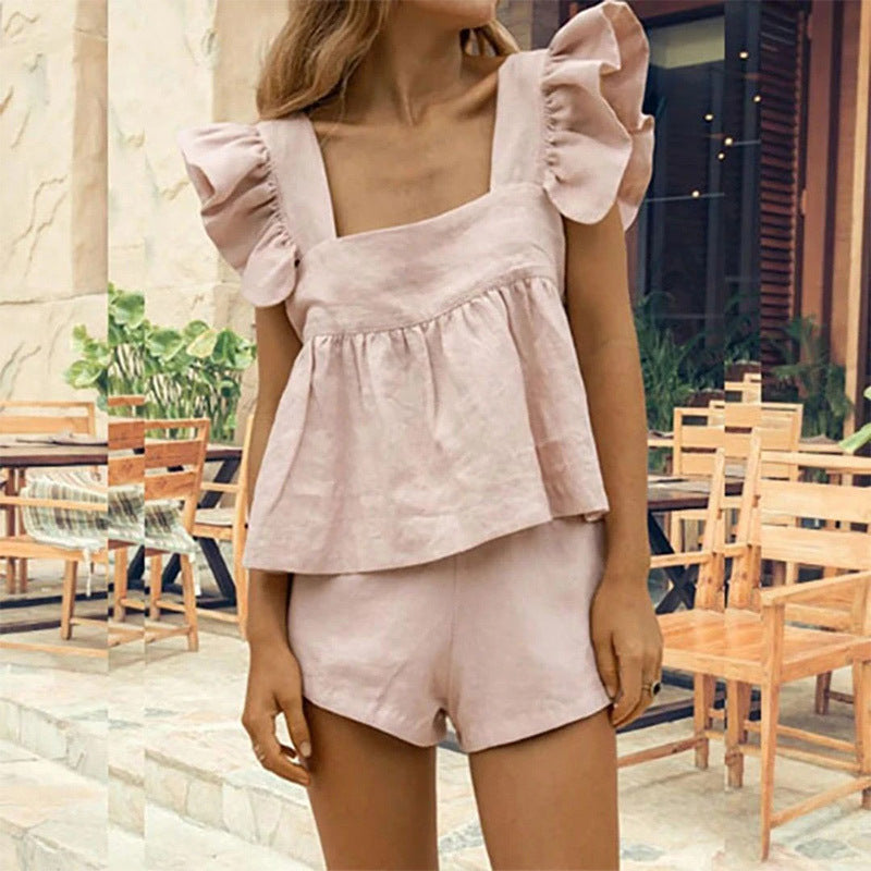 Butterfly Sleeve Square Neck Women's Suit Pink Solid Color Ruffle