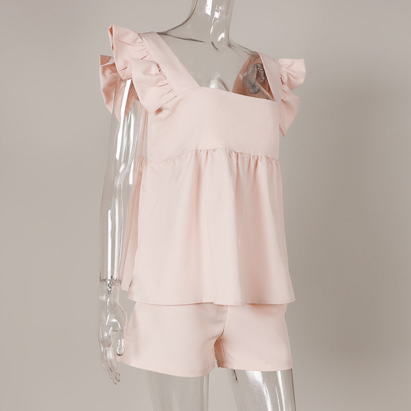 Butterfly Sleeve Square Neck Women's Suit Pink Solid Color Ruffle