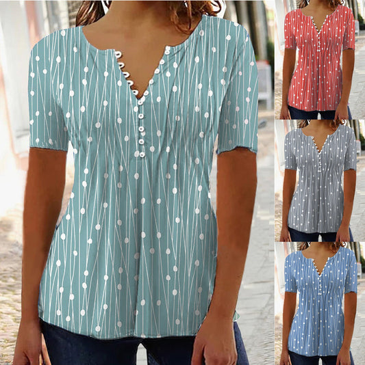 European And American Spring And Summer V-collar Polka Dot Short Sleeve
