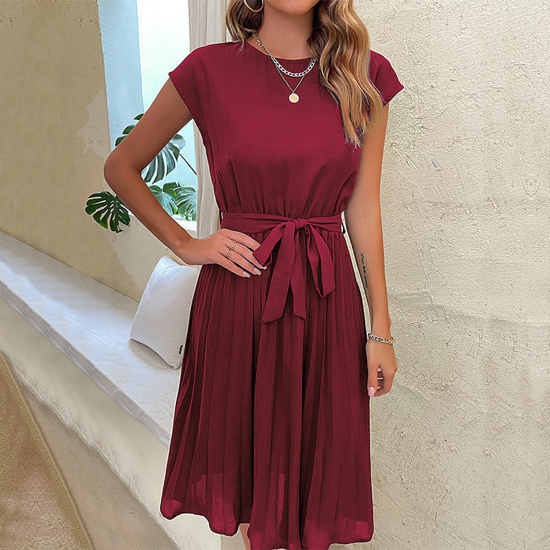 Summer Pleated Short-sleeved Dress INS Fashion Waist-tied Beach Dresses Women's Clothing