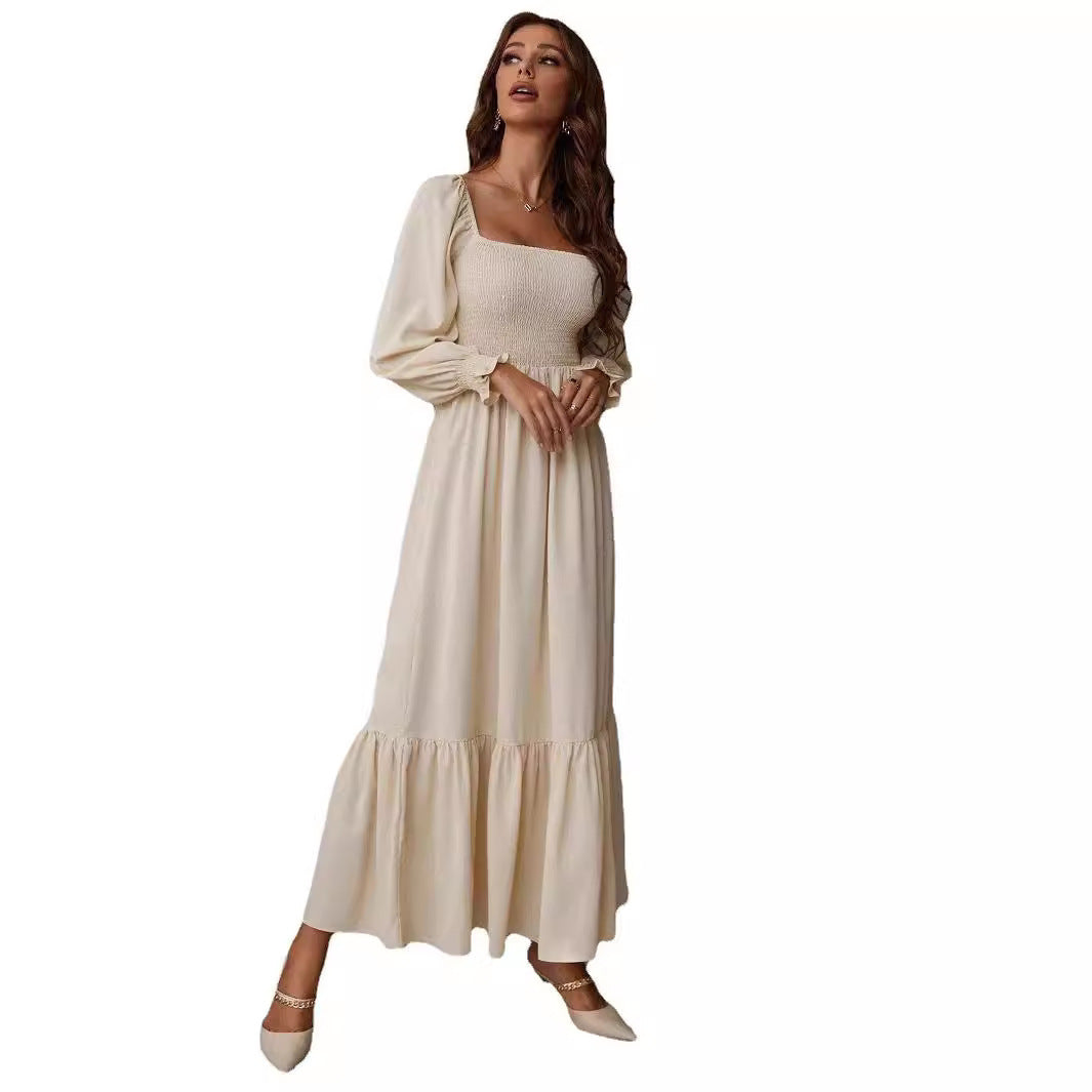 Pullover Square Collar Long Sleeve Ruffled High Waist Tight Temperament Dress