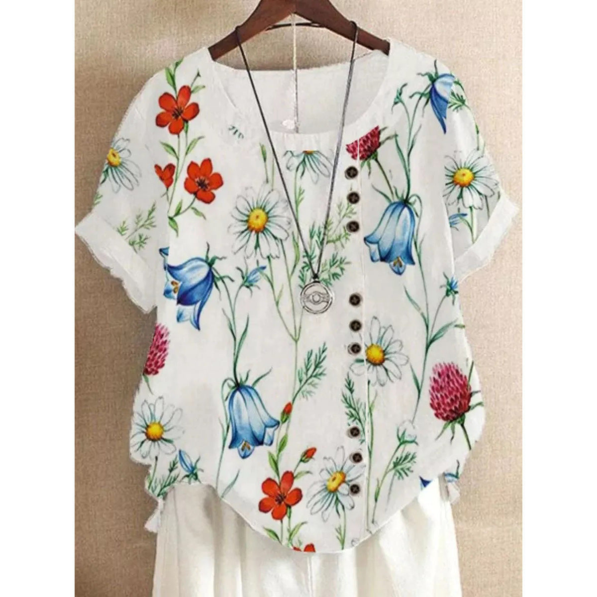 Summer New Printed Floral Button Short Sleeve