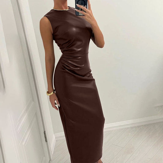 Fashion Round Neck Hip-wrapped Leather Dress