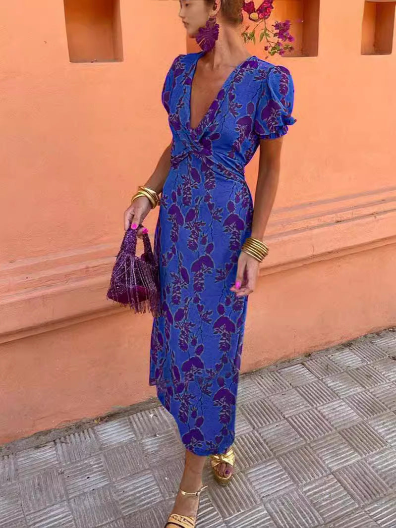 Summer V-neck Short-sleeved Dress Fashion Flowers Printed Slim Beach Dresses For Women Clothing