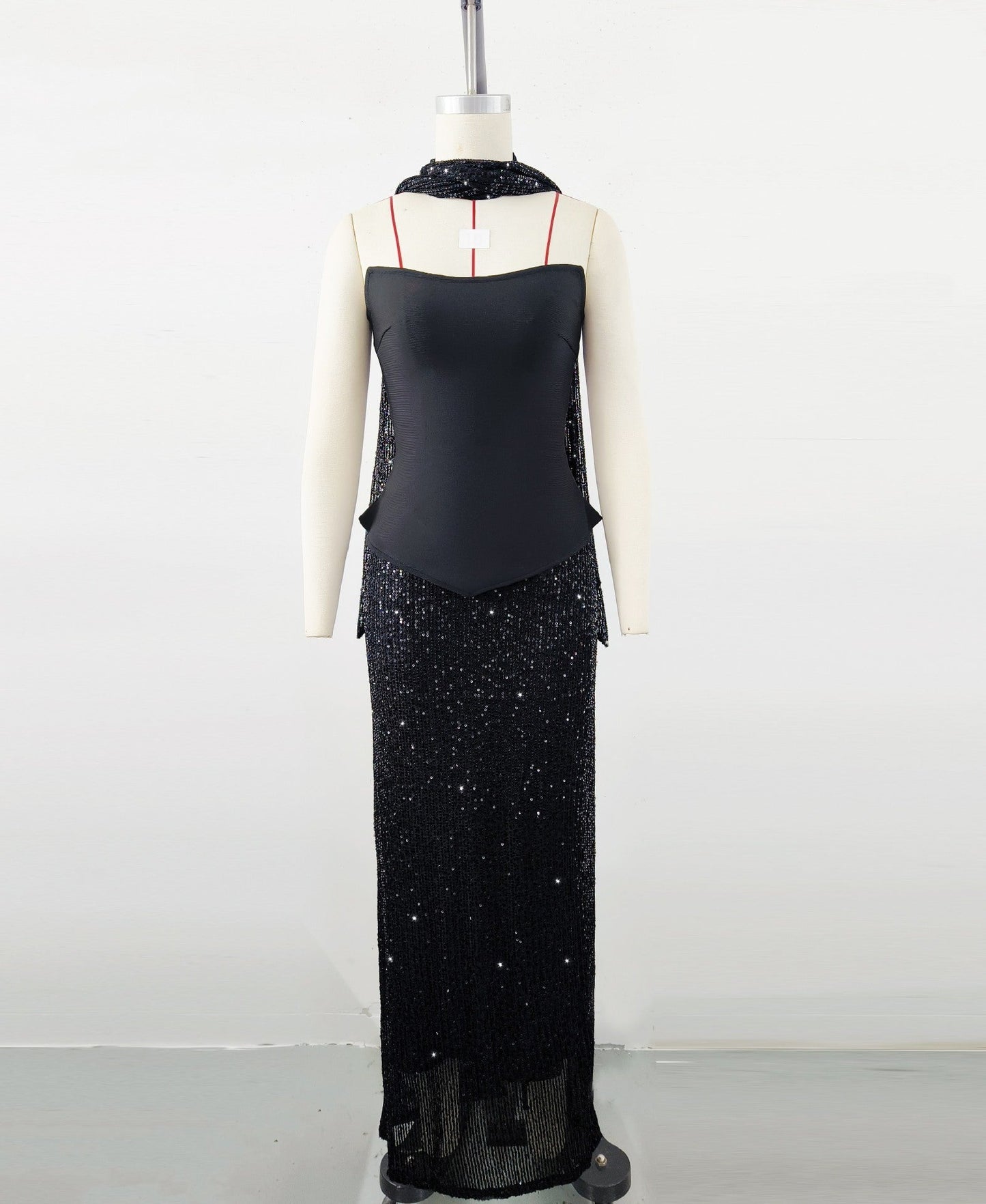 Elegant Scarf Bandage Dress Half-length Sequin Dress Suit