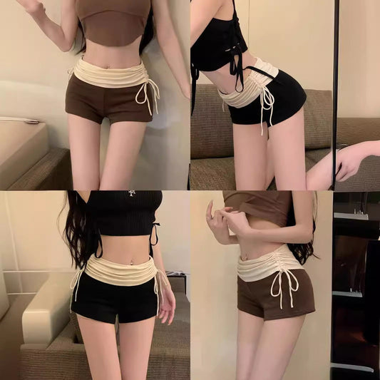 Women's Summer Pleated High Waist Contrast Color Drawstring Casual Shorts
