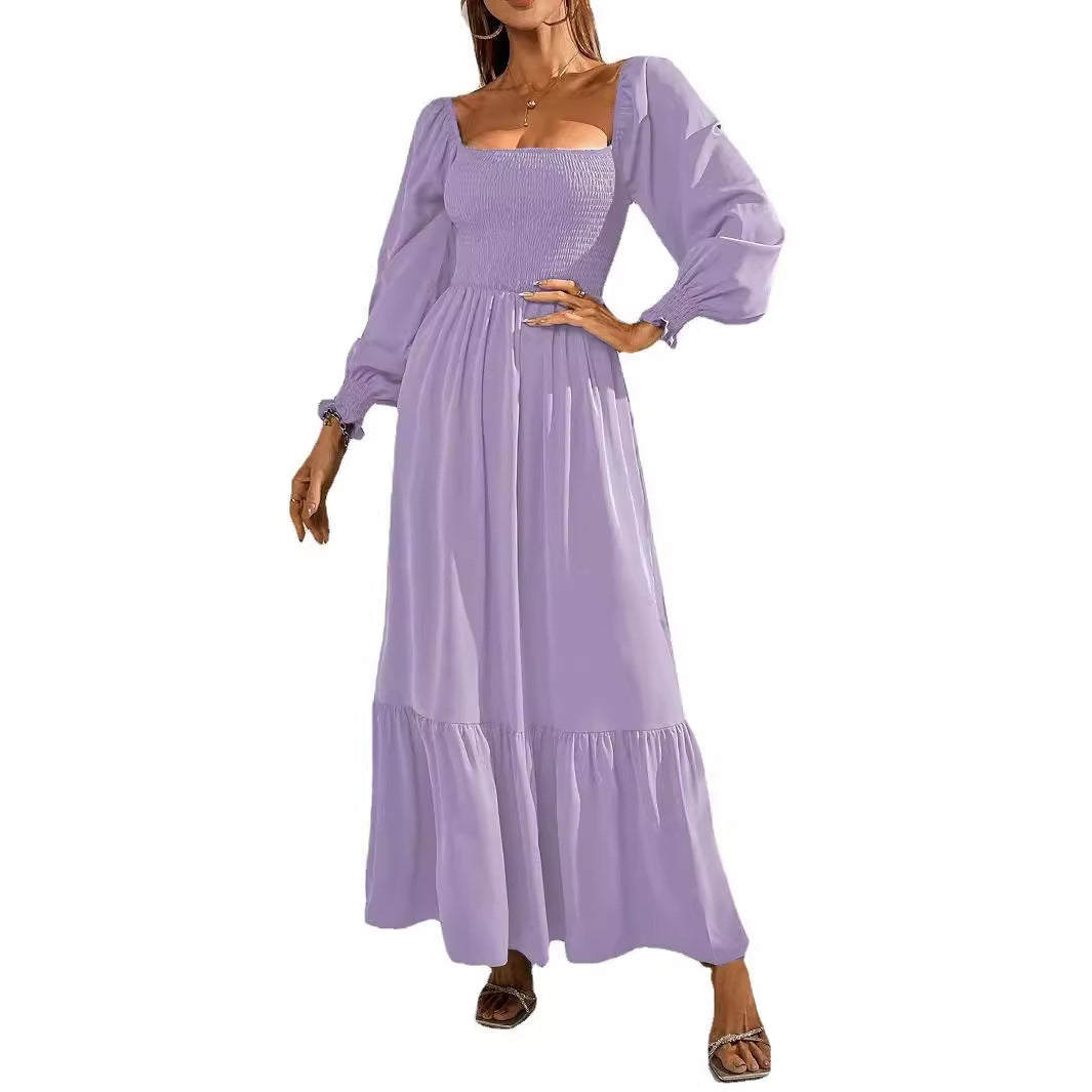 Pullover Square Collar Long Sleeve Ruffled High Waist Tight Temperament Dress