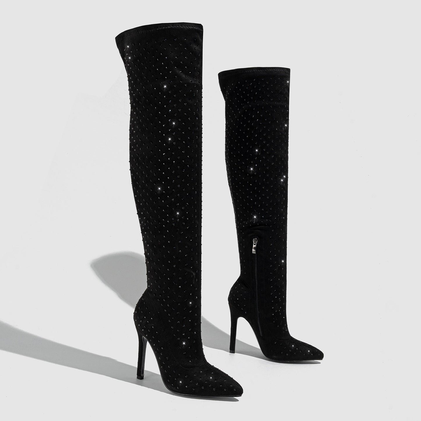 Pointed Toe Diamond Stiletto Heel Side Zipper Over-the-knee High Boots